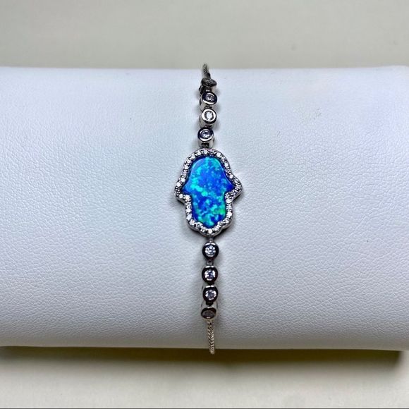 HAMSA 🪬 EVIL EYE 🧿 STERLING PLATED SLIDE CHAIN BRACELETS CZS FIRE OPAL CZS NWT - Picture 5 of 9